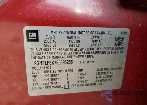2015 Chevrolet Equinox Lt from USA, damaged, VIN 2GNFLFEK7F6396286